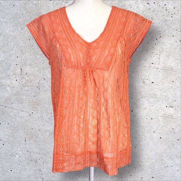 Fossil Sheer Lace Coquette Top V Neck Y2K Boho Fairy Womens’s Medium Orange - Picture 1 of 9